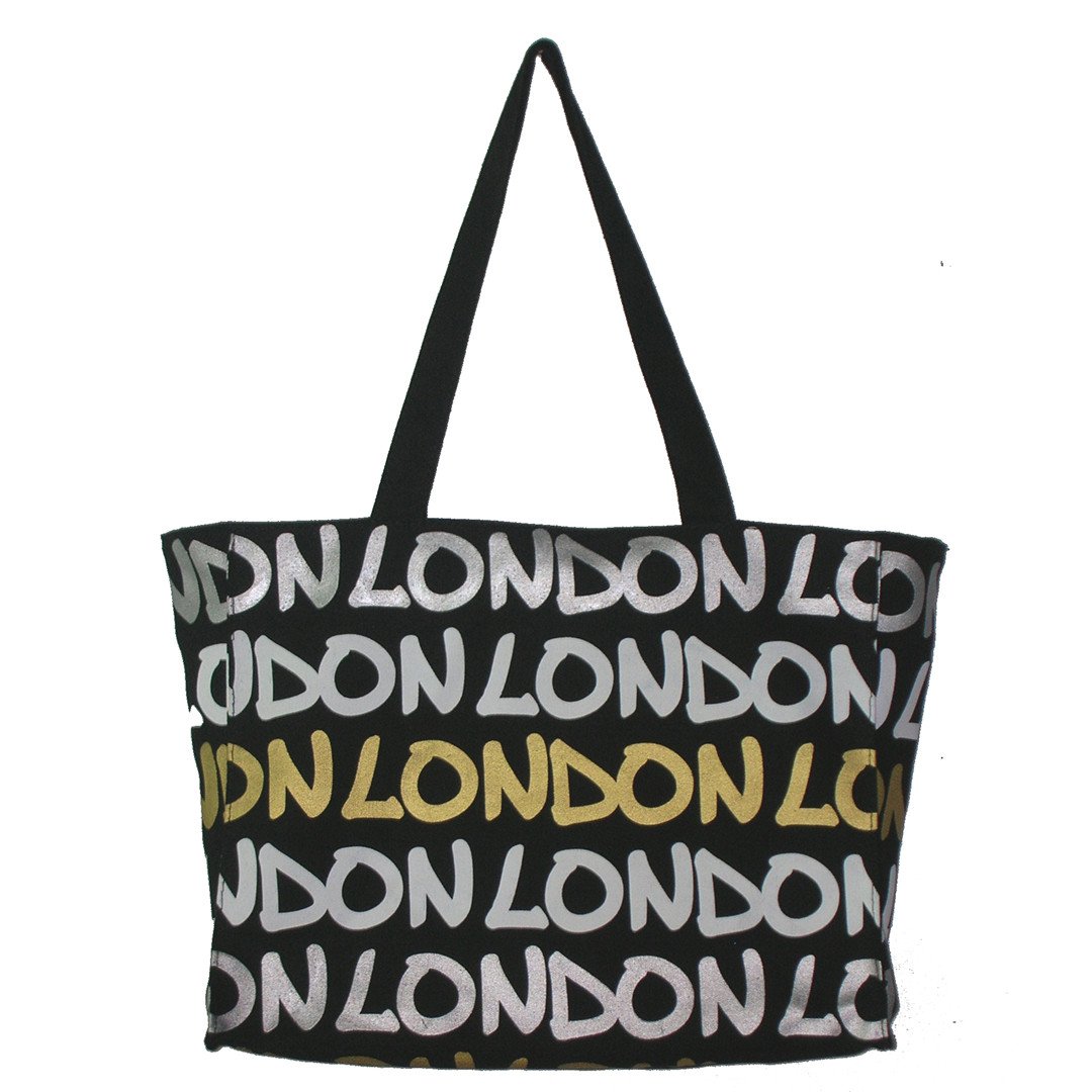 Beautiful original Robin Ruth brand London Tote Bag Large Gold White Silver on Black lettering