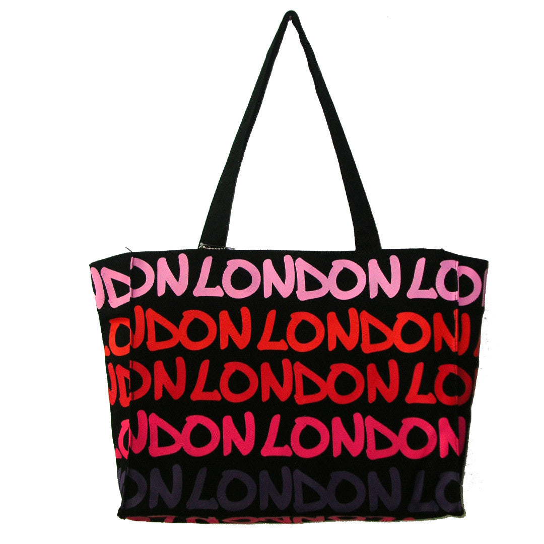 Rainbow London Tote Bag original by Robin Ruth Brand Large Pink Purple on black with lettering