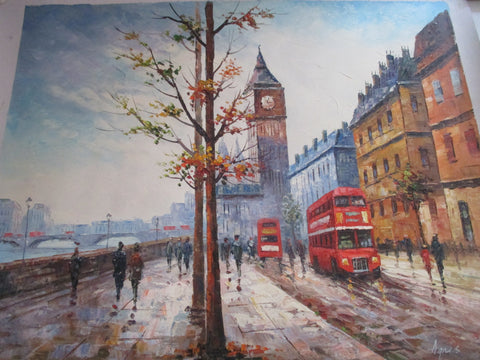 LONDON BUS AND BIG BEN OIL PAINTING