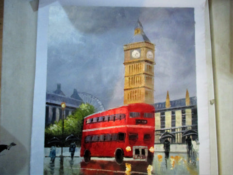 BEAUTIFUL OIL PAINTING OF  LONDON BUS ON THE BANKS OF THE RIVER THAMES SIGNED BY ARTIST UNFRAMED