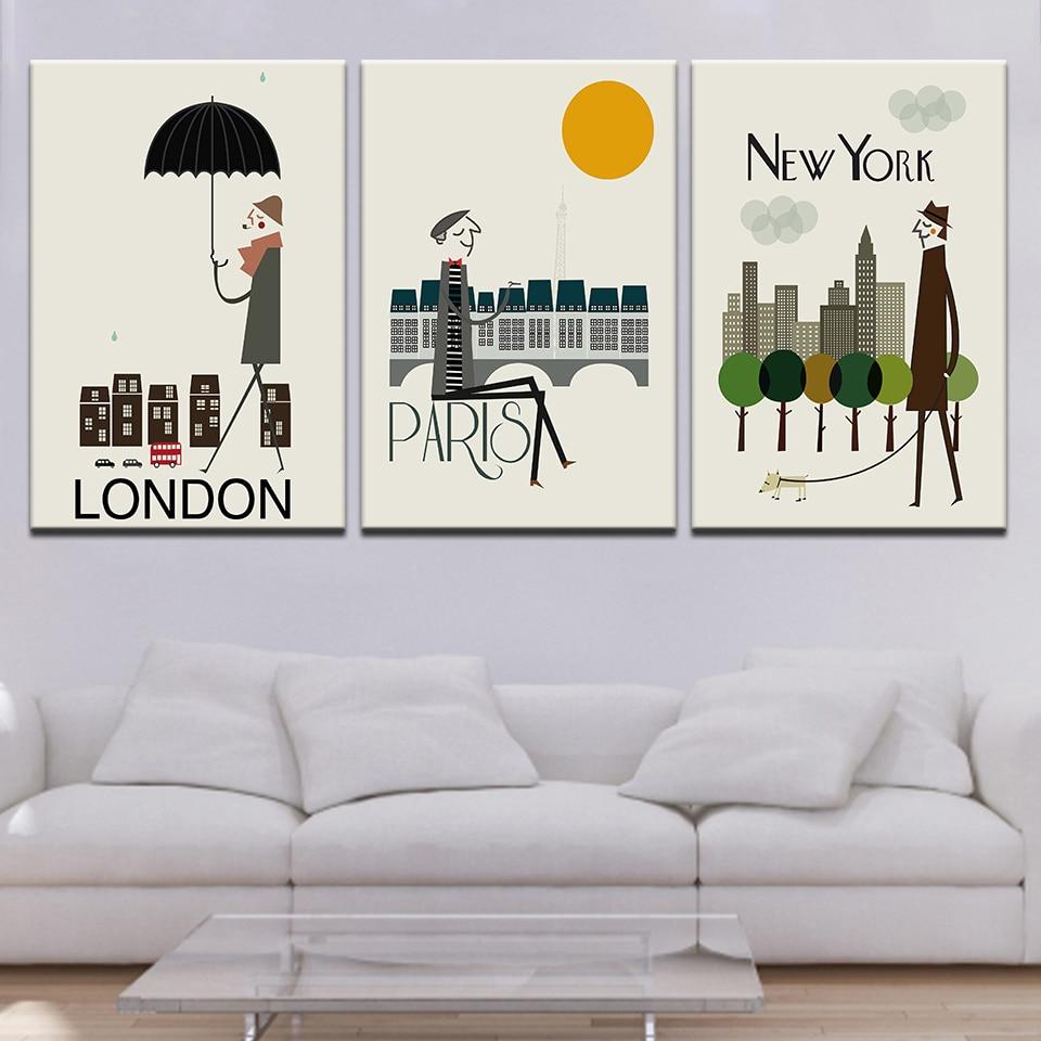3 pieces Abstract Canvas Print London,Paris New York City Framed