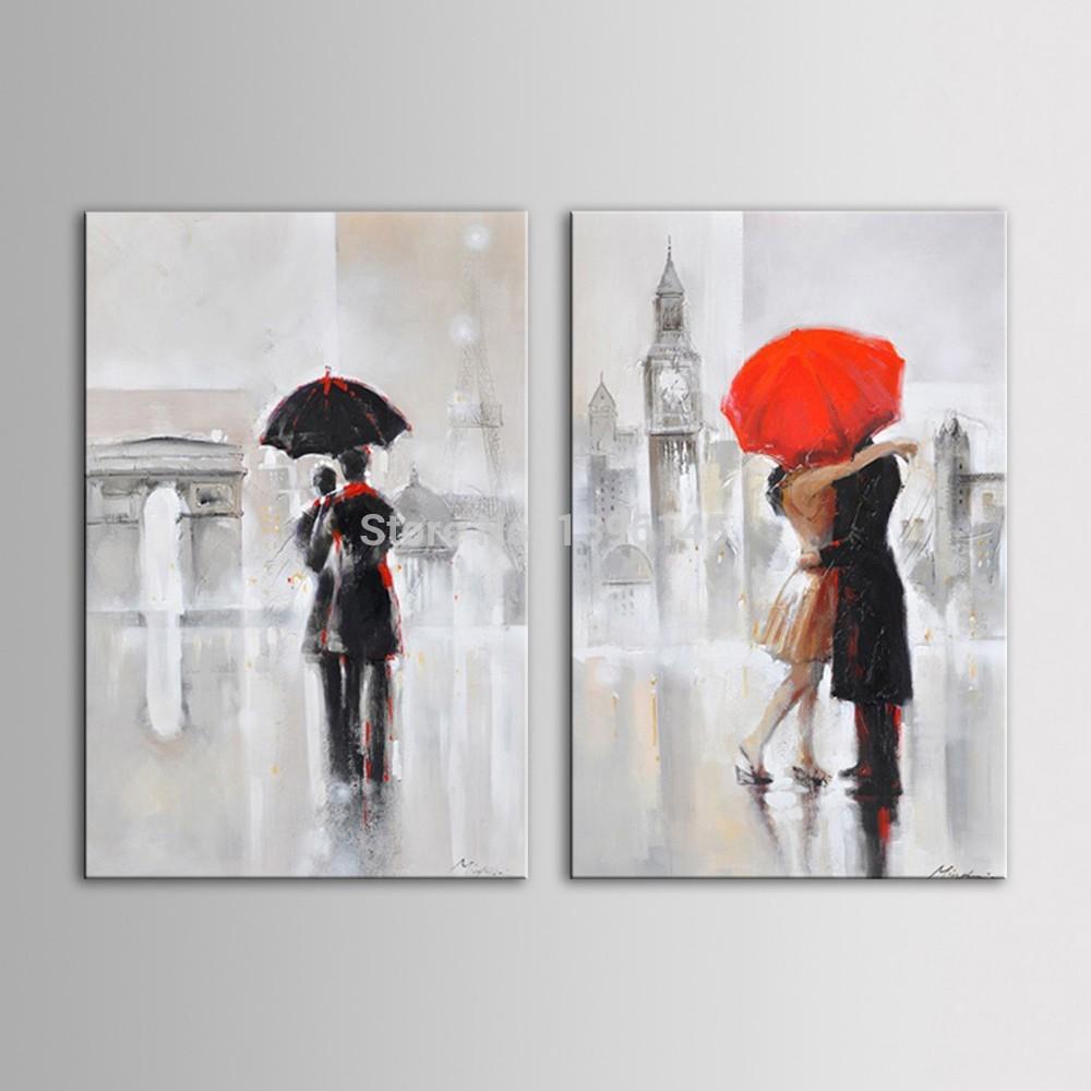 Hand Beautifully hand painted Oil Painting of Romantic Couple Kiss Under the Umbrella Walking in London Rain-UNFRAMED