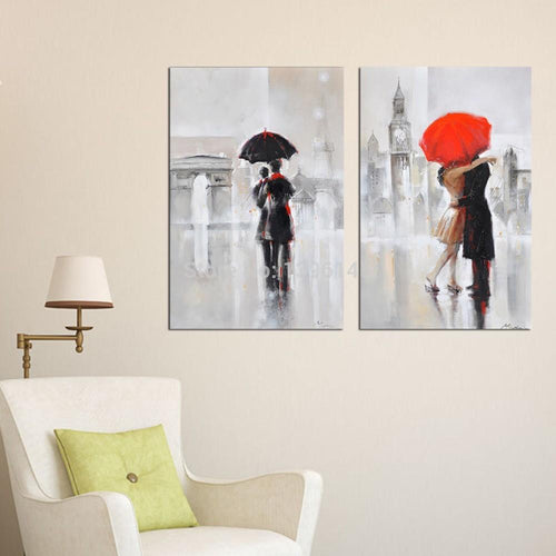 Hand Beautifully hand painted Oil Painting of Romantic Couple Kiss Under the Umbrella  Walking in London Rain-UNFRAMED - London Art and Souvenirs