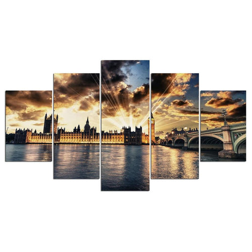 5 Pieces London City Buildings from  River Thames  at Sunset Canvas Print - London Art and Souvenirs