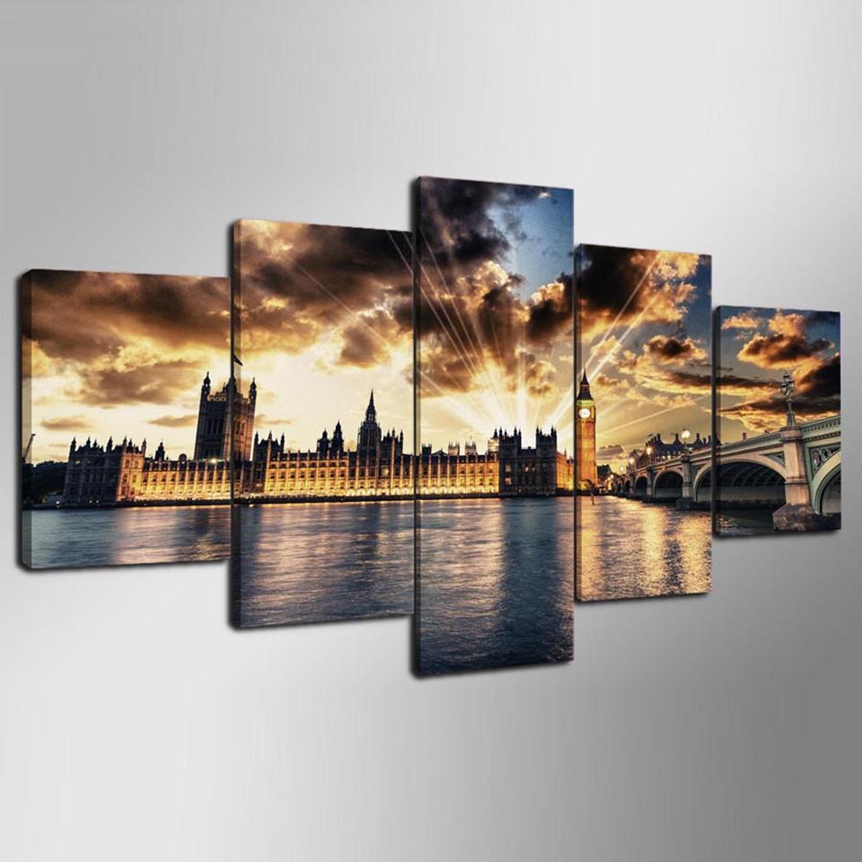 5 Pieces London City Buildings from  River Thames  at Sunset Canvas Print - London Art and Souvenirs