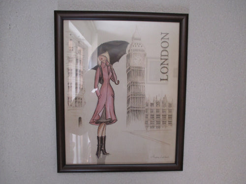 ELEGANT LONDON PRINT WITH GIRL IN PINK FRAMED - London Art and Souvenirs