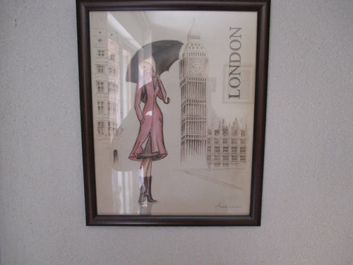 ELEGANT LONDON PRINT WITH GIRL IN PINK FRAMED - London Art and Souvenirs