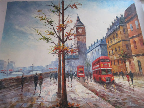 BEAUTIFUL OIL PAINTING OF  LONDON BUS ON THE BANKS OF THE RIVER THAMES SIGNED BY ARTIST UNFRAMED - London Art and Souvenirs