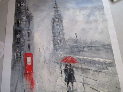 OIL PAINTING OF WALKING COUPLE IN LONDON RAIN  WITH RED UMBRELLA UNFRAMED
