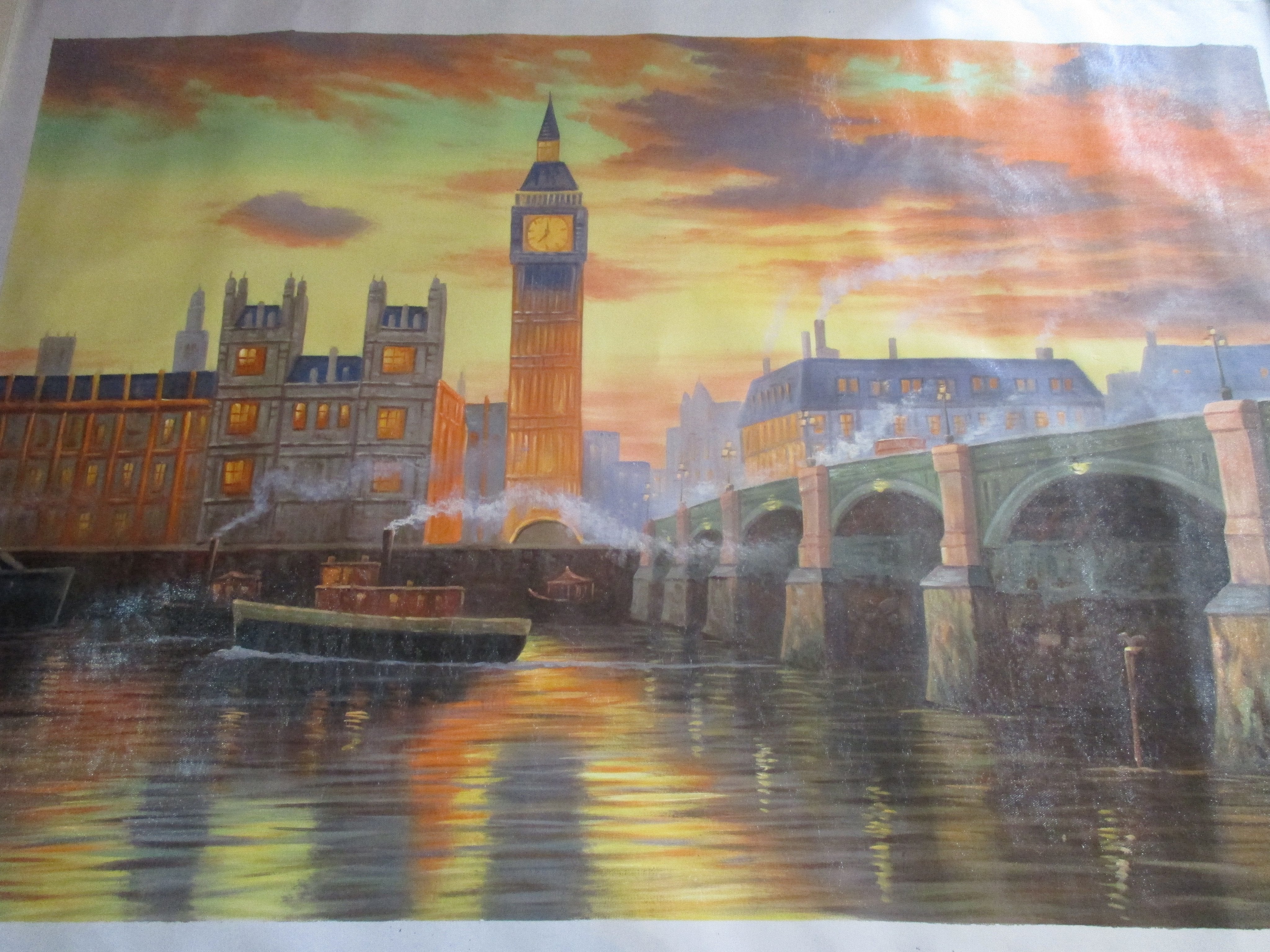 LARGE OIL PAINTING OF THE RIVER THAMES AND BIG BEN LONDON UNFRAMED - London Art and Souvenirs