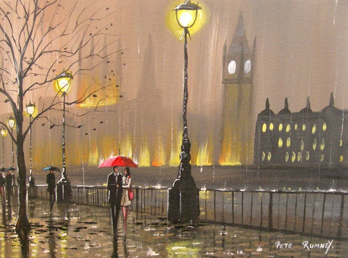 AN ORIGINAL CANVAS OIL PAINTING "A NIGHT IN THE LONDON RAIN" - London Art and Souvenirs