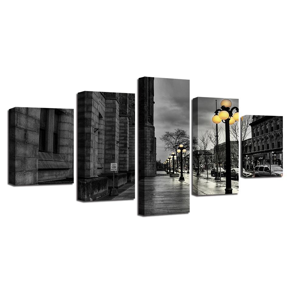 Canvas Painting Wall Art 5 Pieces Black & White London City Streetscape - London Art and Souvenirs