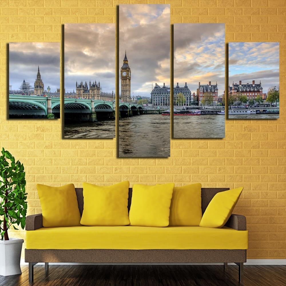 High Quality Canvas Wall Art 5 Pieces Big Ben from the River Thames - London Art and Souvenirs