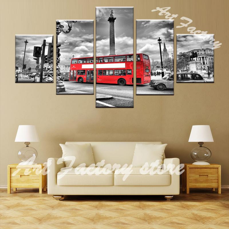 HD 5 Piece Canvas Print Classic London Red Bus - London Art and Souvenirs