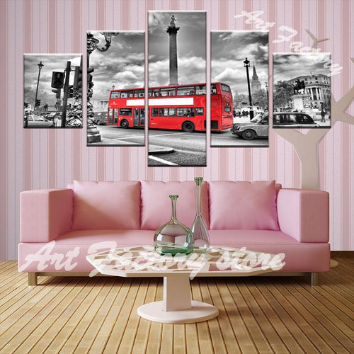 HD 5 Piece Canvas Print Classic London Red Bus - London Art and Souvenirs