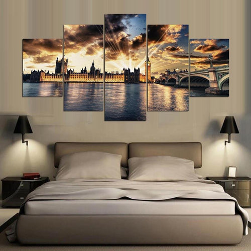 5 Pieces London City Buildings from  River Thames  at Sunset Canvas Print - London Art and Souvenirs