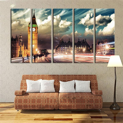 BEAUTIFUL  5-PIECE CANVAS PRINT OF LONDON'S BIG BEN AND THE HOUSES OF PARLIAMENT - London Art and Souvenirs