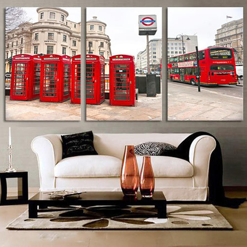 High quality Canvas Art print  London City Street with iconic Buses and Telephone boxes - London Art and Souvenirs